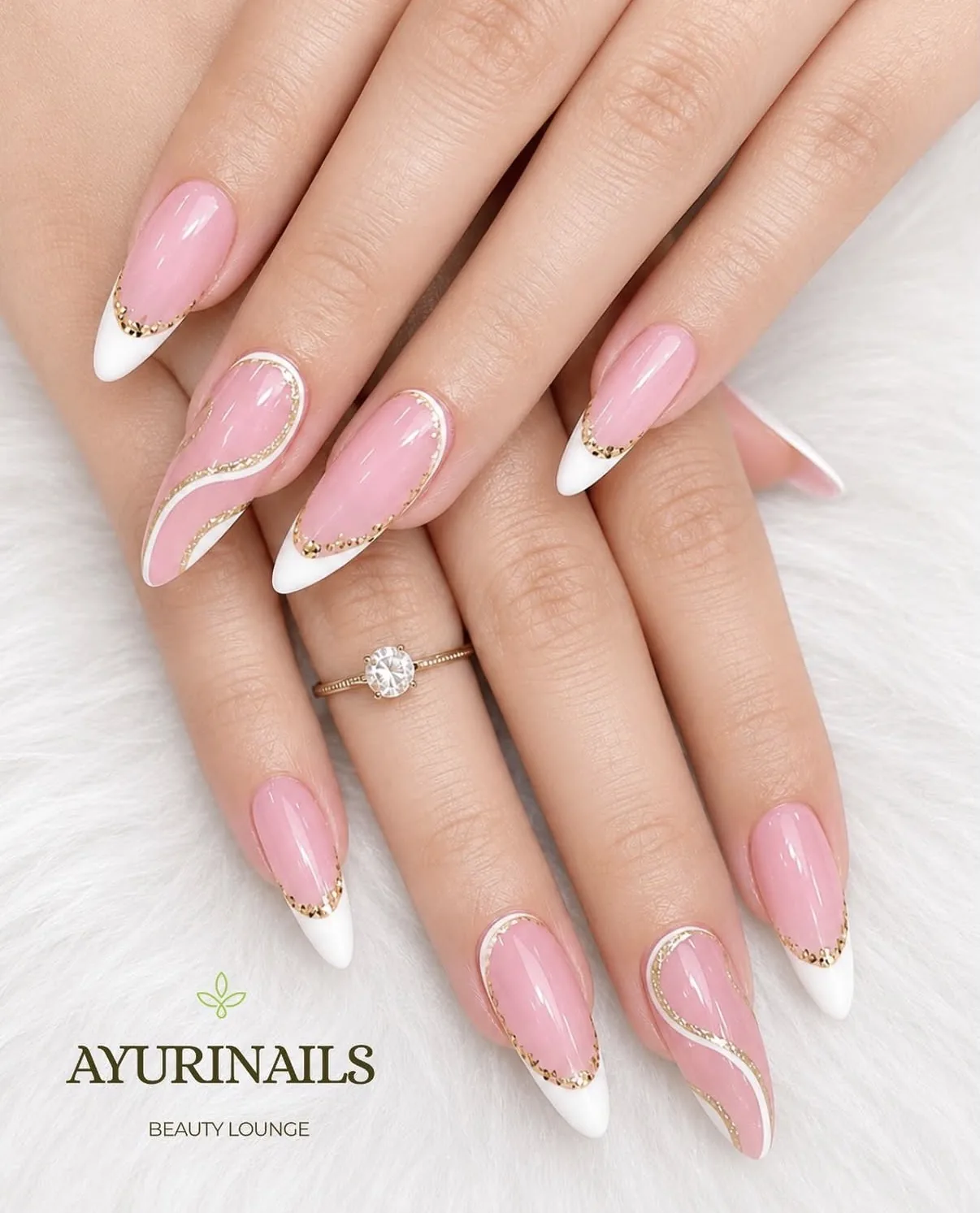 pink stiletto nails with gold swirl French tip nail art, AyuriNails Makati